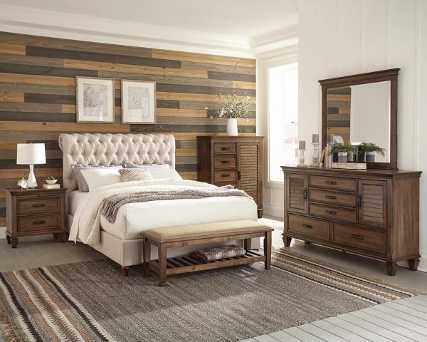 Devon 4-piece Upholstered Full Bedroom Set Beige and Burnished Oak For Sale