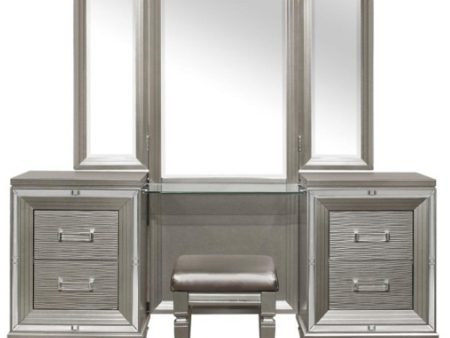 Tamsin 3pcs Vanity Dresser with Mirror in Silver Grey Metallic 1616-15 For Sale