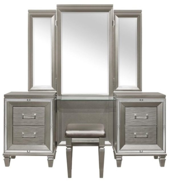 Tamsin 3pcs Vanity Dresser with Mirror in Silver Grey Metallic 1616-15 For Sale