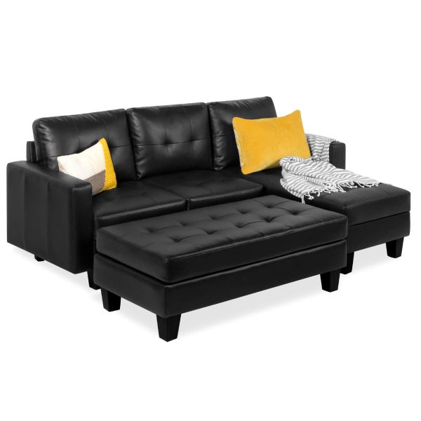 Best Choice Products Tufted Faux Leather 3-Seat L-Shape Sectional Sofa Couch Set w Chaise Lounge, Ottoman Coffee Table Bench, Black Online Sale