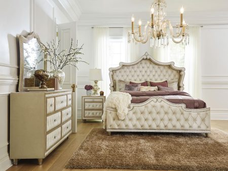 Antonella 4-Piece Eastern King Upholstered Tufted Bedroom Set Ivory and Camel For Sale