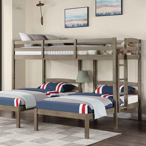 HORTENSE Triple Twin Bunk Bed, W. Gray Online Hot Sale