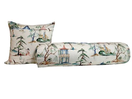 Chinoiserie Asian Toile Okayama Pillow Cover in Flax - Available in Bolster, Lumbar, Throw, and Euro Sham Cover Sale